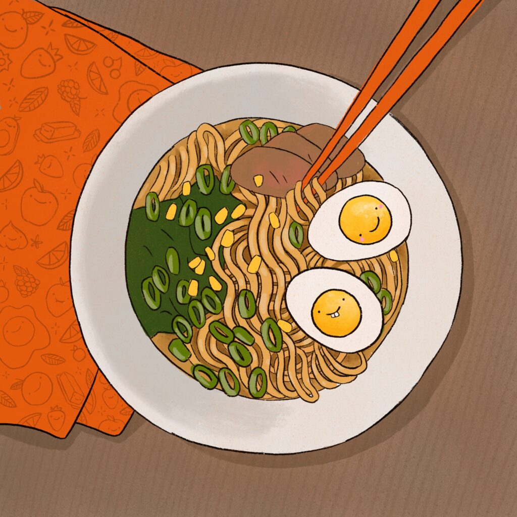 A delicious bowl of ramen with two kawaii happy face eggs
