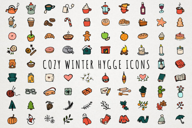 A set of cozy winter hygge icon drawings