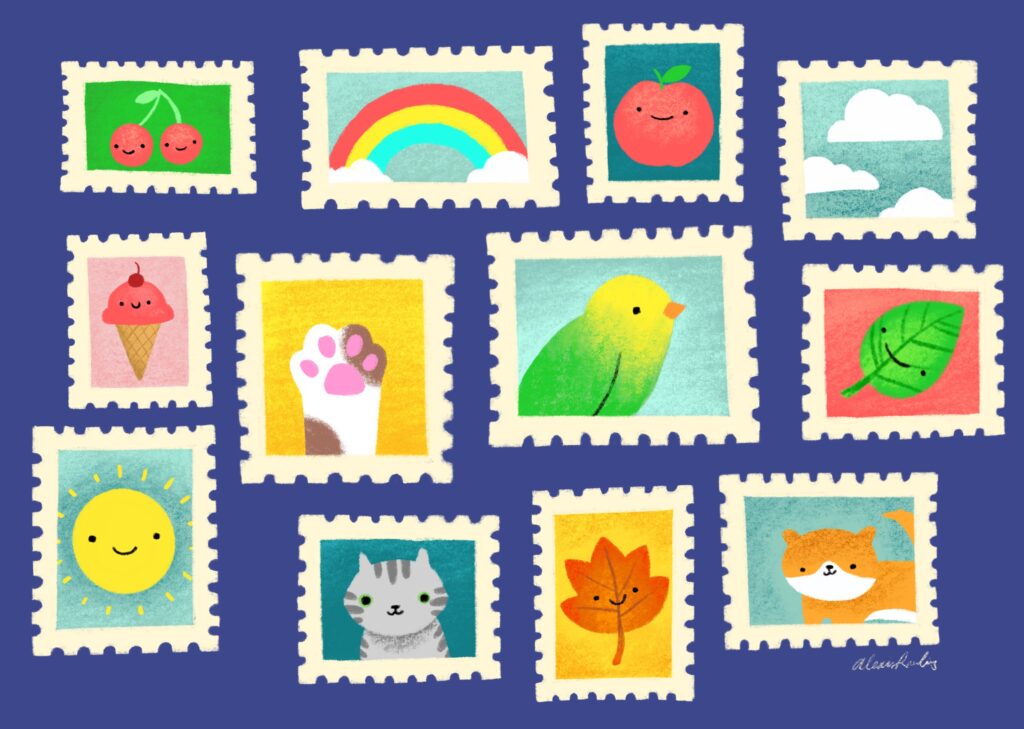 Artwork of stamps with cats, rainbows, leaves, an sunshine featured