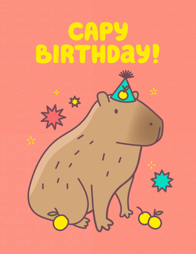 Capy Birthday Greeting Card Illustration, Capybara with Yuzu wearing a Birthday Hat