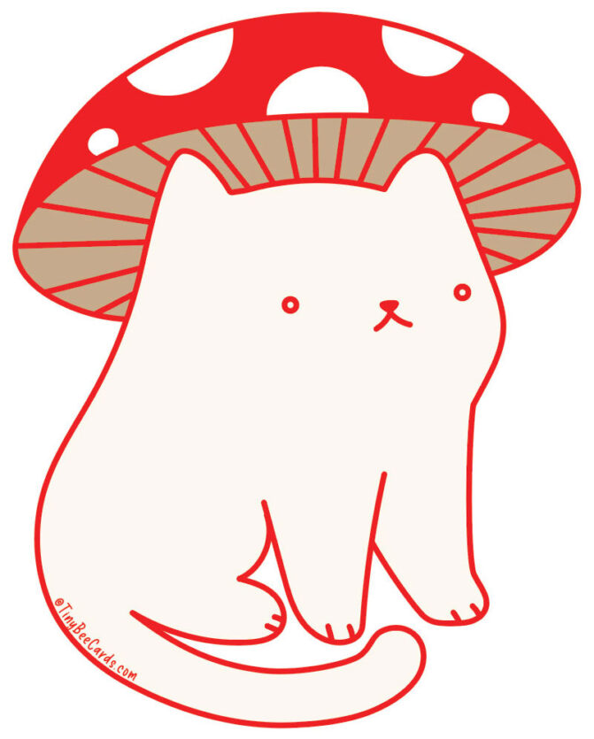 A hand drawn cat with a red polka dotted mushroom cap